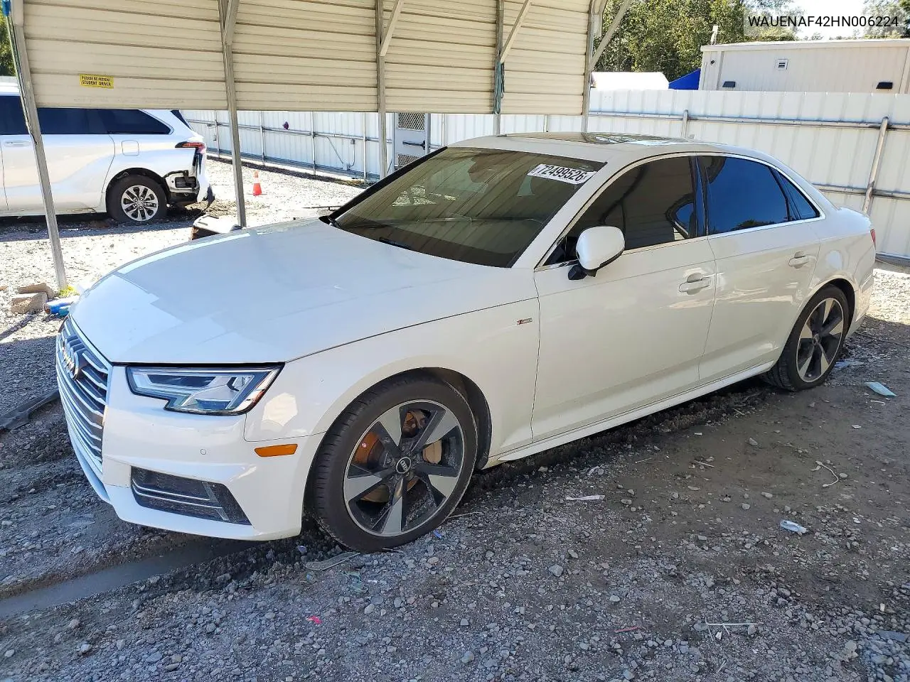 2017 Audi A4 Premium Plus VIN WAUENAF42HN006224 фото 1