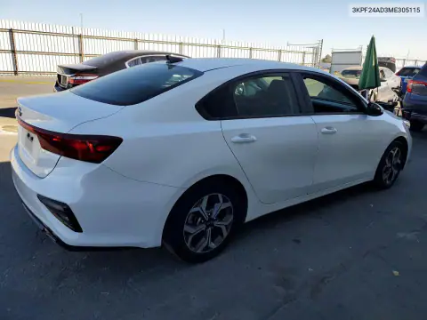 3KPF24AD3ME305115 — 2021 Kia Forte, фото 3 с аукциона Copart, Боковая часть