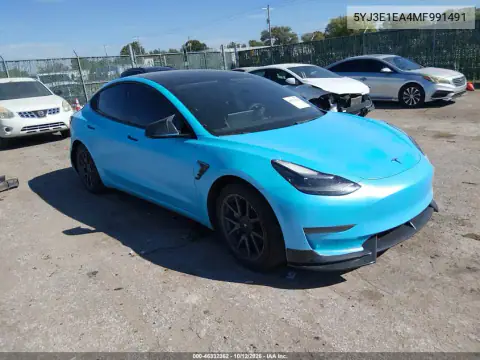5YJ3E1EA4MF991491 — 2021 Tesla Model 3, Задня частина, фото до ремонту