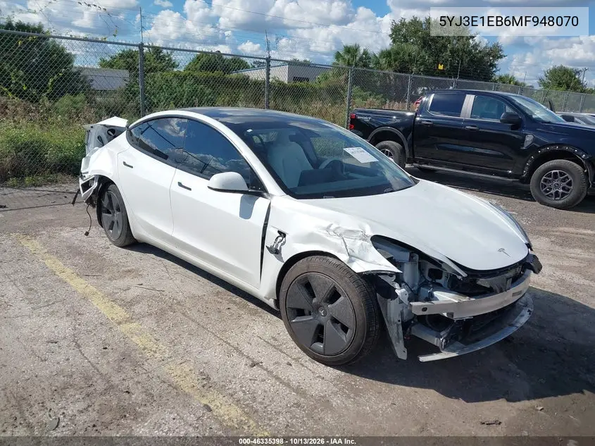 5YJ3E1EB6MF948070 Tesla Model 3 2021 — Front and rear damage, before-repair photo