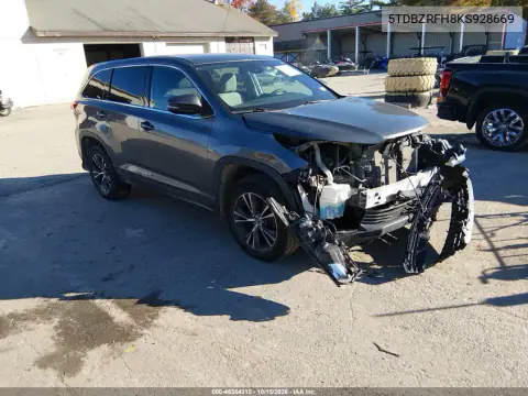 5TDBZRFH8KS928669 — 2019 Toyota Highlander, წინა ნაწილი, ფოტოები შეკეთებამდე